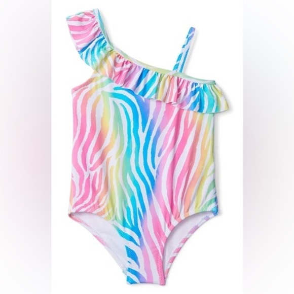 Hatley One Shoulder Ruffle Swimsuit (Rainbow Zebra) size 2T - Picture 6 of 6